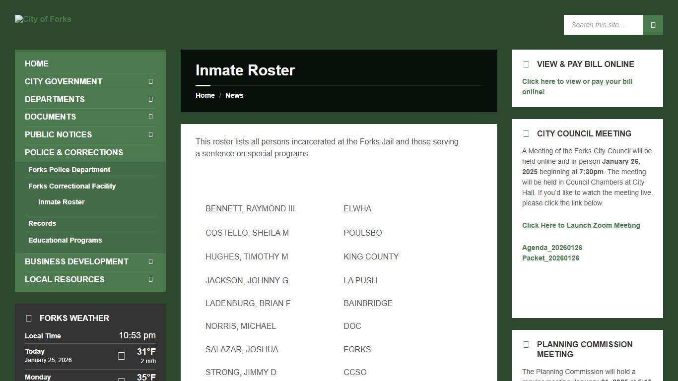 Inmate Roster – City of Forks